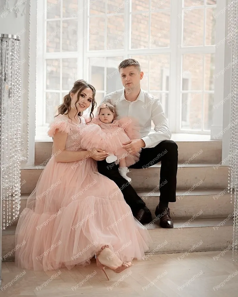 Pink Mother And Kid Tulle Matching Dresses Puffy Shoulder Long   Photo Shoot Family Look First Birthday Mom And Me Evening Gowns