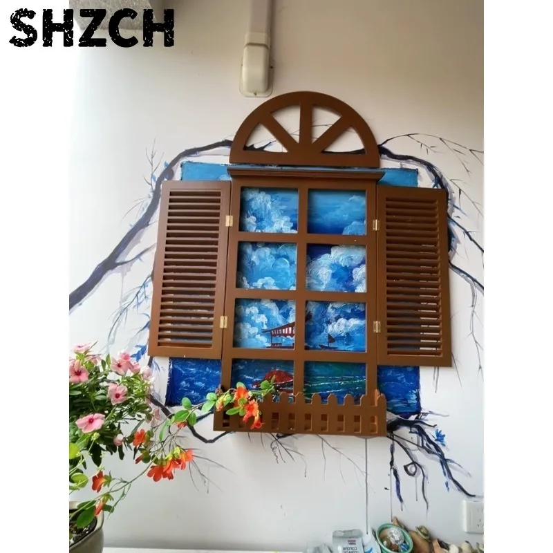 Vintage Holz-Deko-Fenster, Hängende Fensterläden, Künstliches Fenster für Heimdekoration, Kreative Schaufenster-Wandkunst, 10 Farben