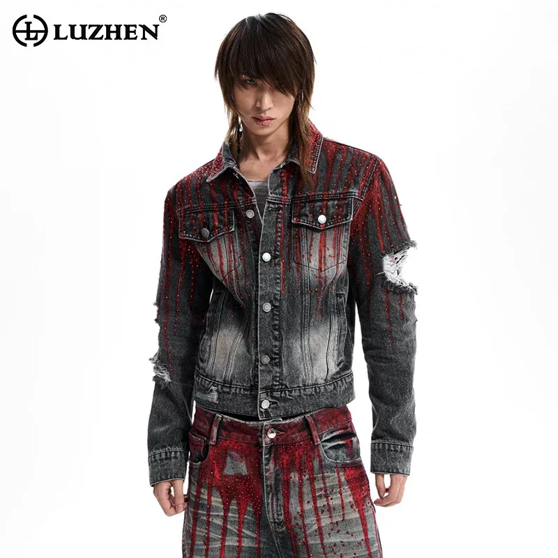 LUZHEN 2026 New Original Vintage Style Wornout Stripe Tie-dyed Design Denim Jacket Men's Fashion Diamond Decorate Jeans JY9064
