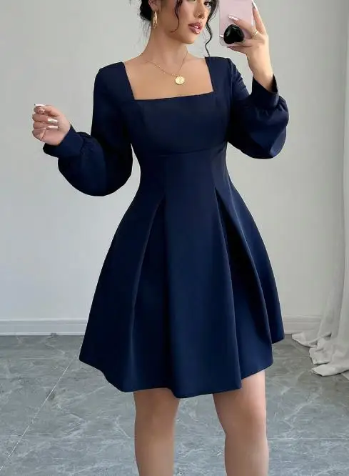 فساتين نسائية 2025 ربيع جديد فستان بأكمام طويلة رقبة مربعة الخصر Cinching سليم يوميا عادية ألف خط فستان قصير #2