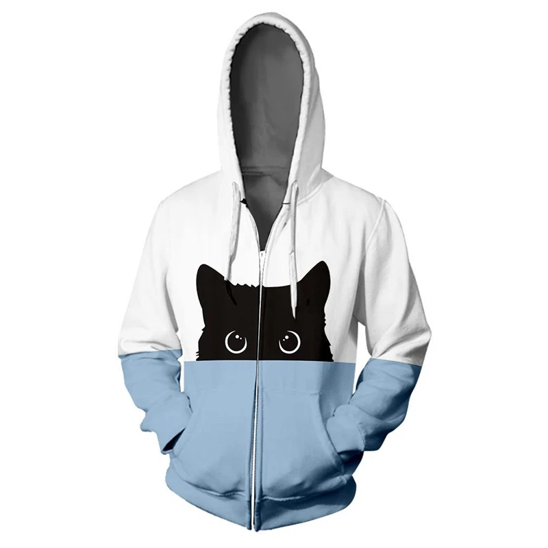 Cute Quietly Cat Pattern Zip Up Hoodie Fashion Casual Long Sleeve Men Women 3D Printed Zipper Hoodies Simple Trend Sweatshirts