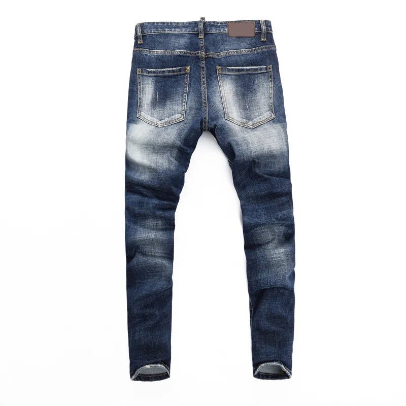 European and American fashion new men's jeans, washed, nostalgic, stretchy, slim fitting, pleated, retro blue jeans, high street