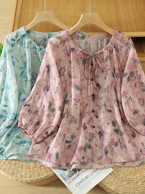 

Retro Floral Print Shirt Drawstring round Neck Thin Sun Protection Top Large Size Women's Loose Fit Breathable Casual Shirt