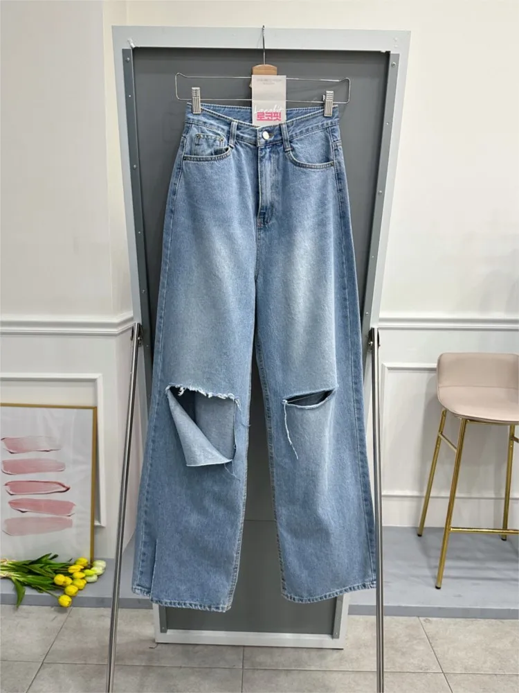 Jeans Sommer hohe Taille lange weites Bein Hose Frauen lose plissierte koreanische Stil Loch Damen Hose lässig Mode Frau Hosen