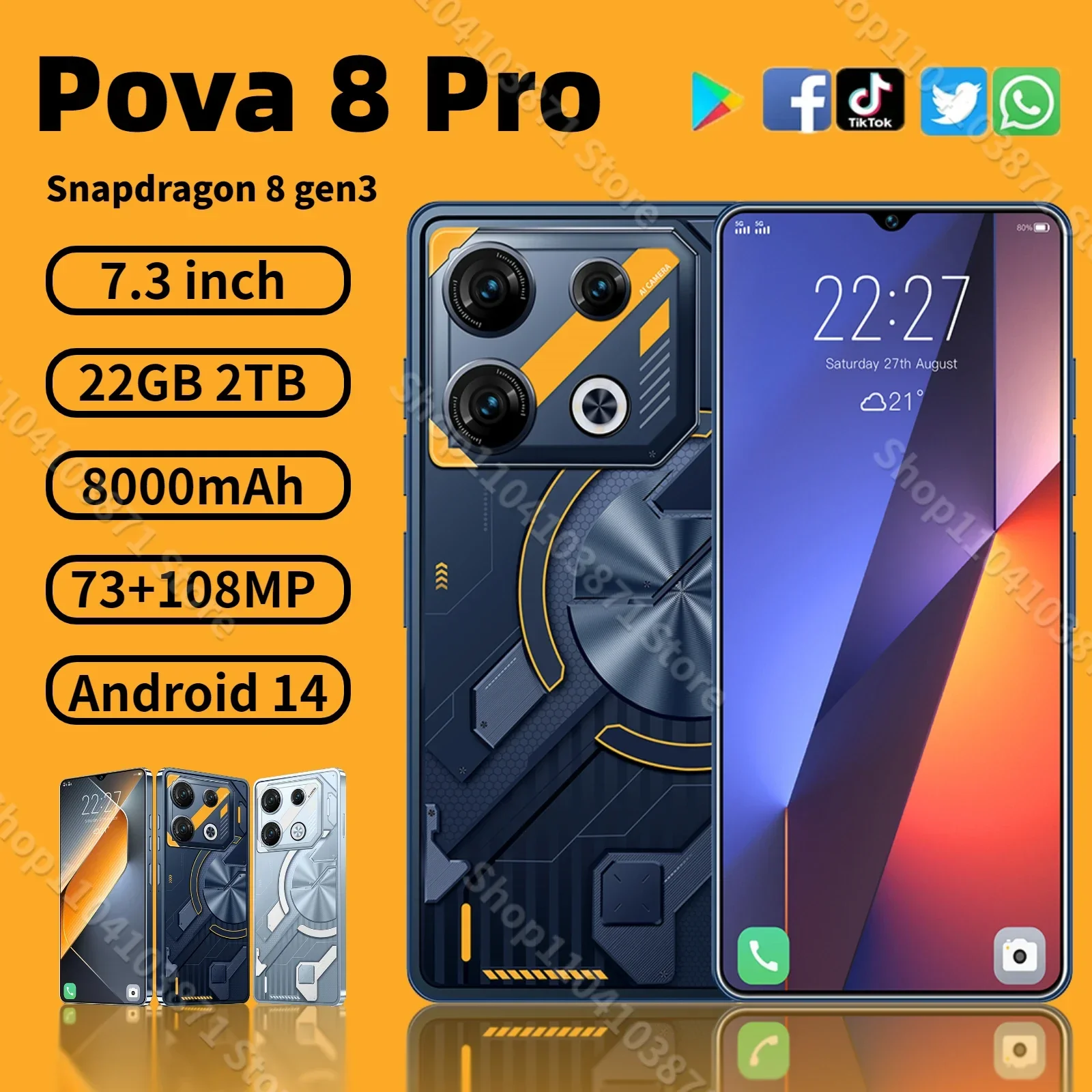 Оригинальный смартфон Pova 8 Pro 5G 7,3 дюйма HD 22G + 2 ТБ сотовый телефон с двумя SIM-картами мобильные телефоны 50 + 108 МП 8000 мАч Android 14 разблокирован NFC