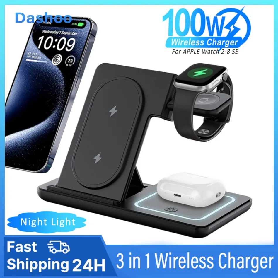 3 in 1 Night LED Light Wireless Charger Stand For iPhone 16 15 14 13 12 Apple Watch SE Airpods Pro Folding Fast Charging Station