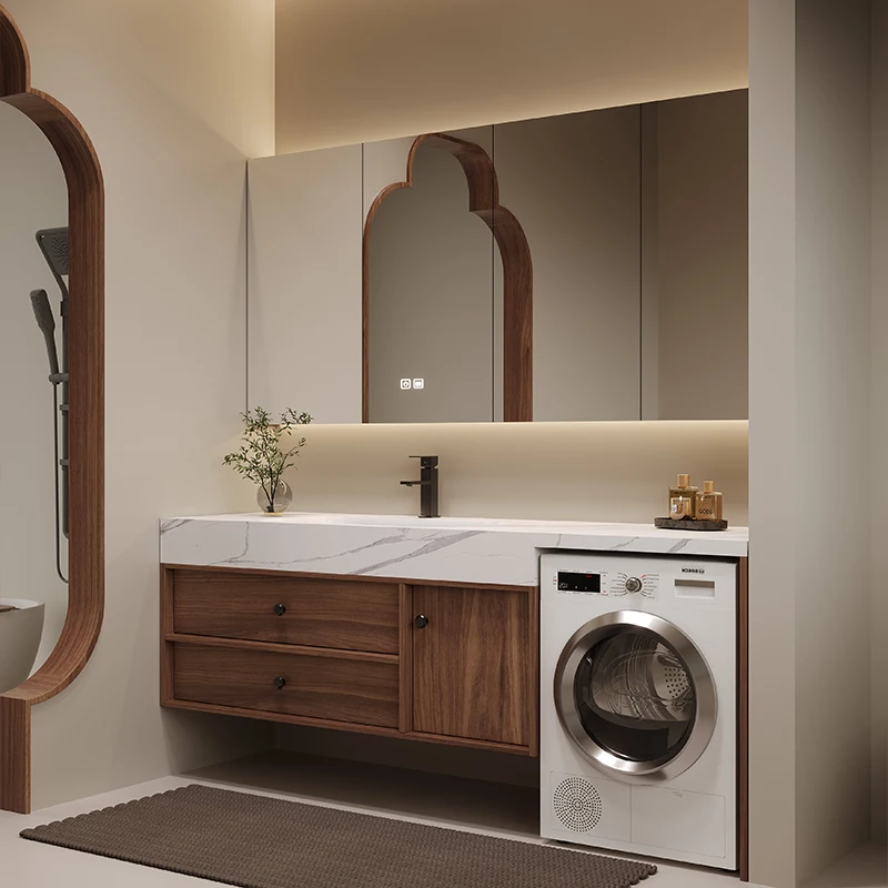 

Medieval style bathroom cabinet, rock slab hot bending wash basin cabinet, combined washing machine integrated