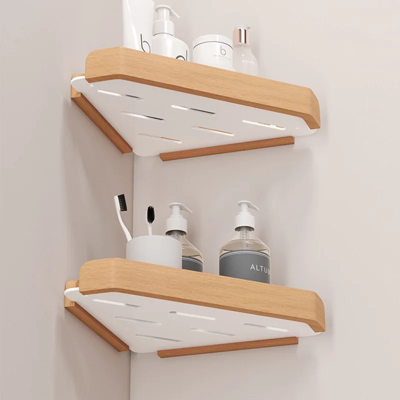 Moisture-Proof Walnut and Beech Bathroom Shelves, Bathroom Corner Shelf, No Punch, Triangle Sink, Wall Mounted, Toilet restroom