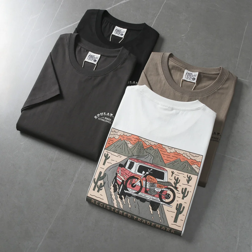 2025 Summer American Retro Short Sleeve O-neck Double Side Letter Printed T-shirt Men's Fashion 100% Cotton Washed Casual Tops