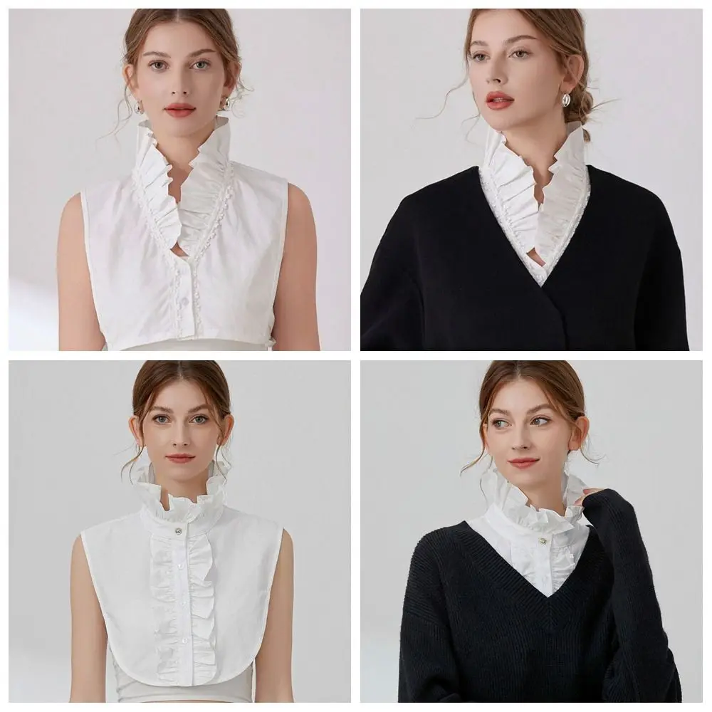 Elegant White Detachable Fake Collar Ruffle V-shaped Adjustable Neckline Stand Collar Hollow Out Horn Cuff Scarf Accessories