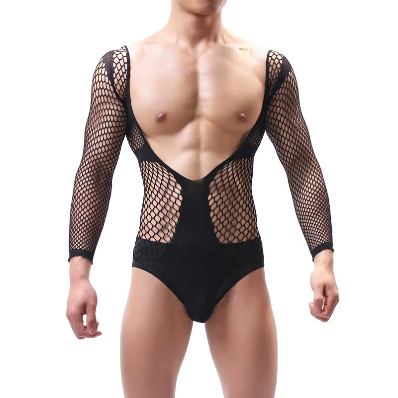 CLEVER-MENMODE Mesh Bodysuit Men Transparent Underwear Sexy Erotic Lingerie One-piece Thong Hollow Out Rompers Long Sleeveless