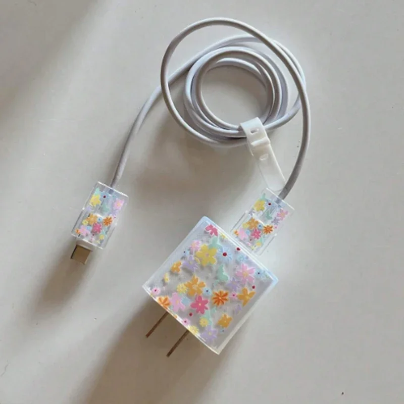 3pcs Fashion Yellow Fragmented Flower Charging Data Cable Protector Winder Accessories for IPhone18/20w Charger Protective Cover