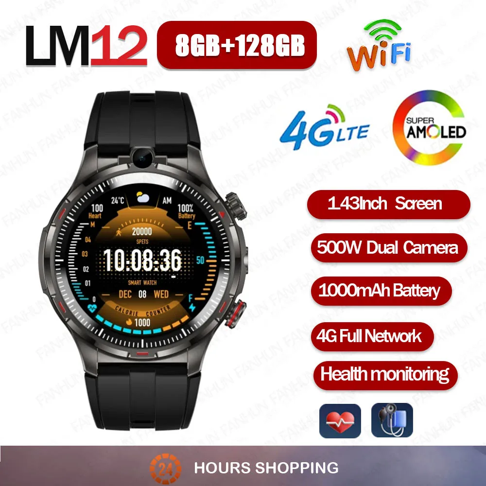 Smartwatch LW12 z kartą SIM 4G, ekranem AMOLED, dwoma kamerami, systemem Android 9.0, pozycjonowaniem GPS, WIFI, aplikacją do pobierania, smartwatch dla mężczyzn.
