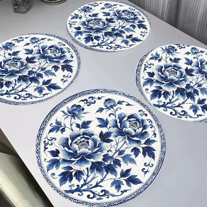 VIKAMA New Chinese Blue and White Porcelain Peony Round Flax Table Mat Insulation and Wear resistant Table Mat Table Decoration