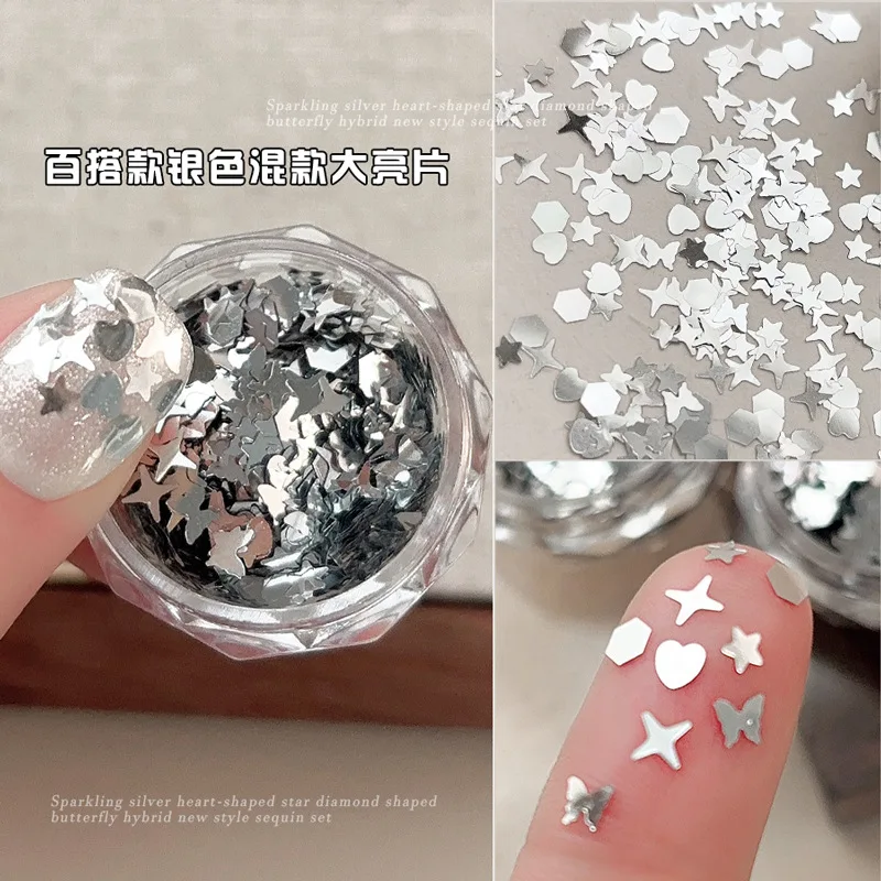 2 Pots Mixed Shapes Laser Silver Nail Art Glitter Sequin Heart Starlight Hexagon Decals For Nails Decoration Manicure Supplies