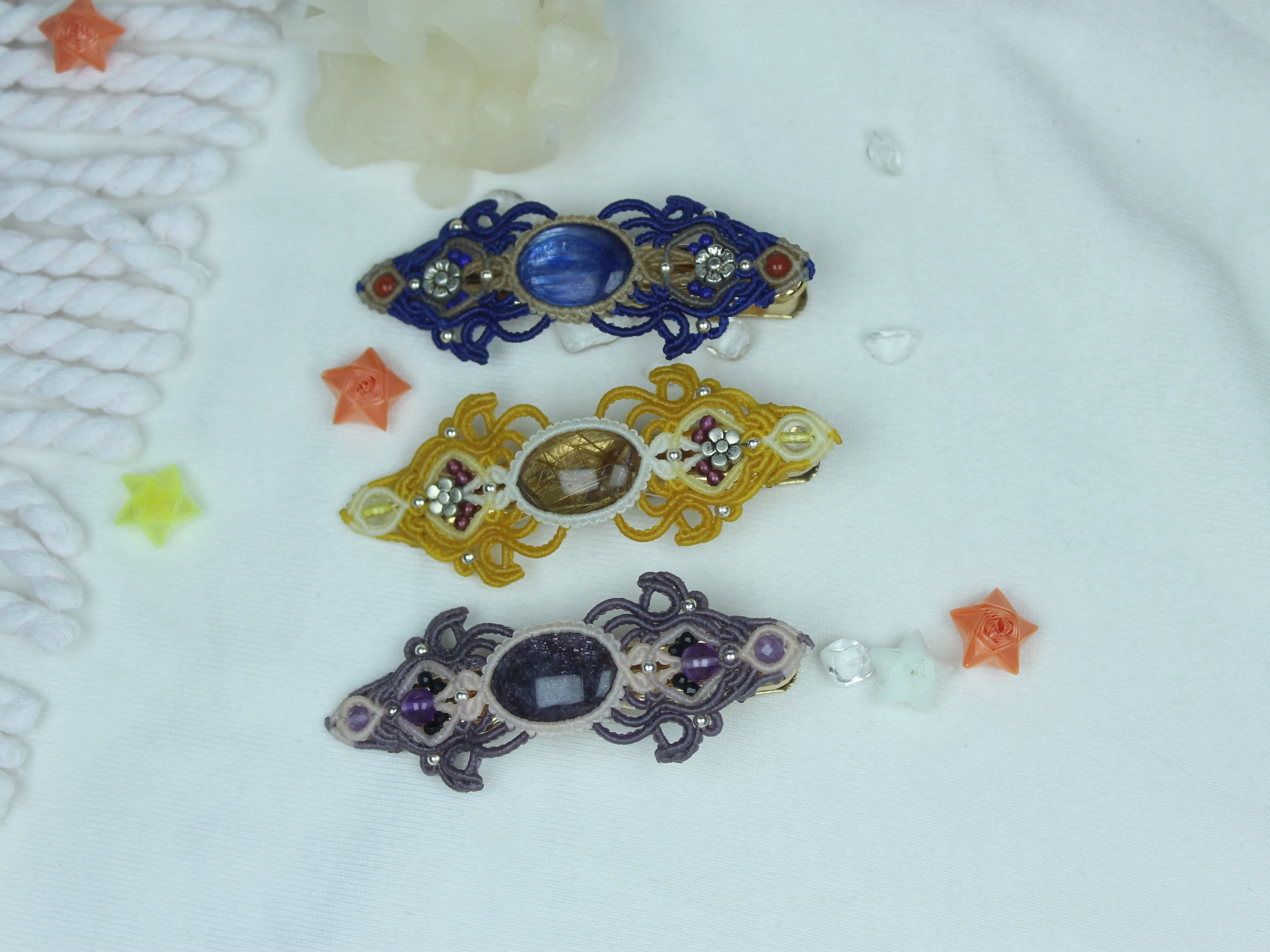 

Macrame Handmade Wax Polyster Cord Woven Blue Elliptic Rutilated Quartz Natural Stone Hairpin Exclusive Custom Design Women Gift