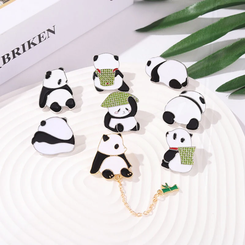 Animal Metal Badges Bag Clothes Brooch Up Jewelry Gift for Panda Lover Panda with Bamboo Hat Enamel Pins Chinese Bear Pines