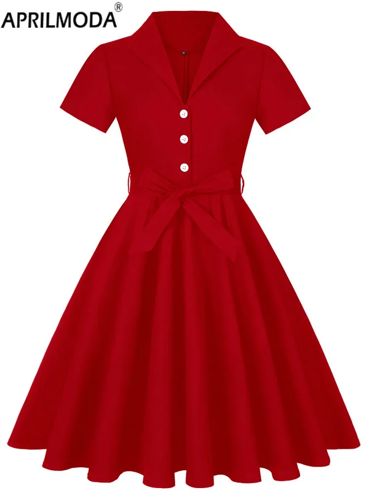 2024 Summer Red 50s 60s Rockabilly Runway Pleated Dress Vintage for Women Solid Short Sleeve Retro Cocktail Dress