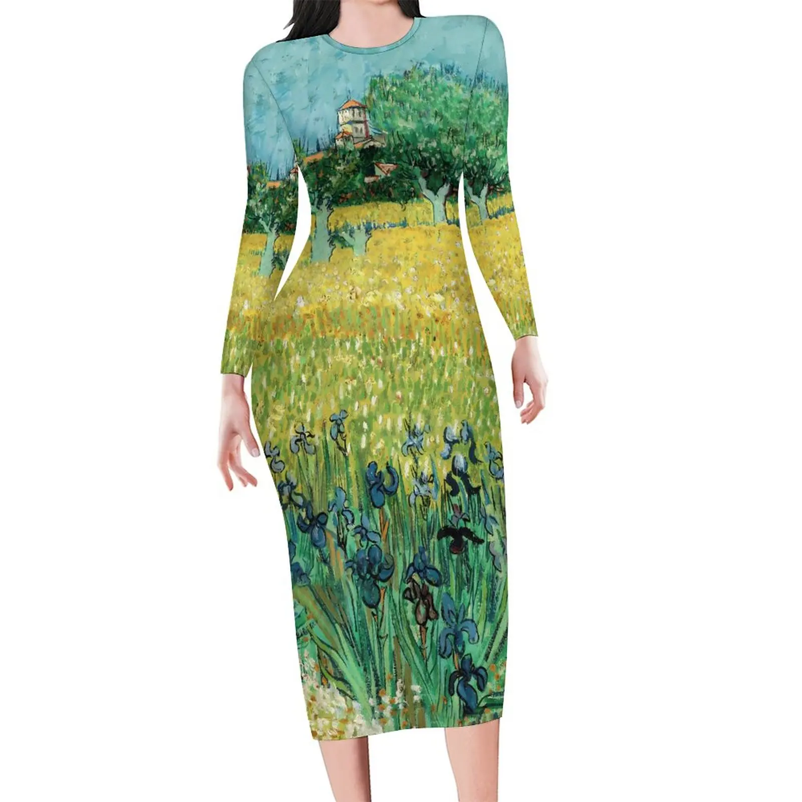 Vincent Van Gogh Bodycon Dress Women Field with Irises Trendy Dresses Autumn Long Sleeve Fashion Design Dress Big Size 4XL 5XL