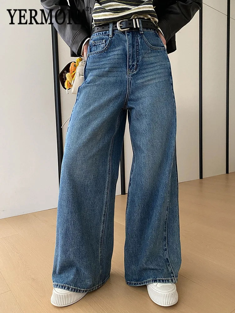 

YERMORA High Waist Blue Pocket Denim Casual Wide Leg Pants For Women Loose Fit New Jeans Fashion Tide Spring Autumn 2026
