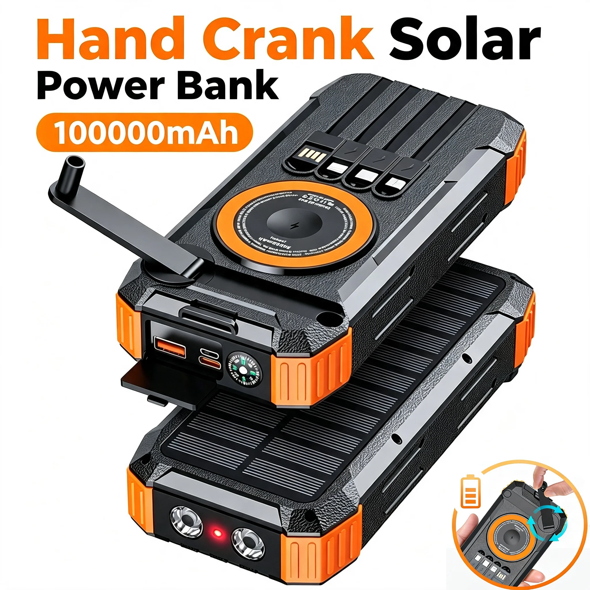 Hand Crank Generator Solar Power Bank High Capacity, Wireless Charger with 4 Built-in Cables, , LED Light for Outdoor Emergency