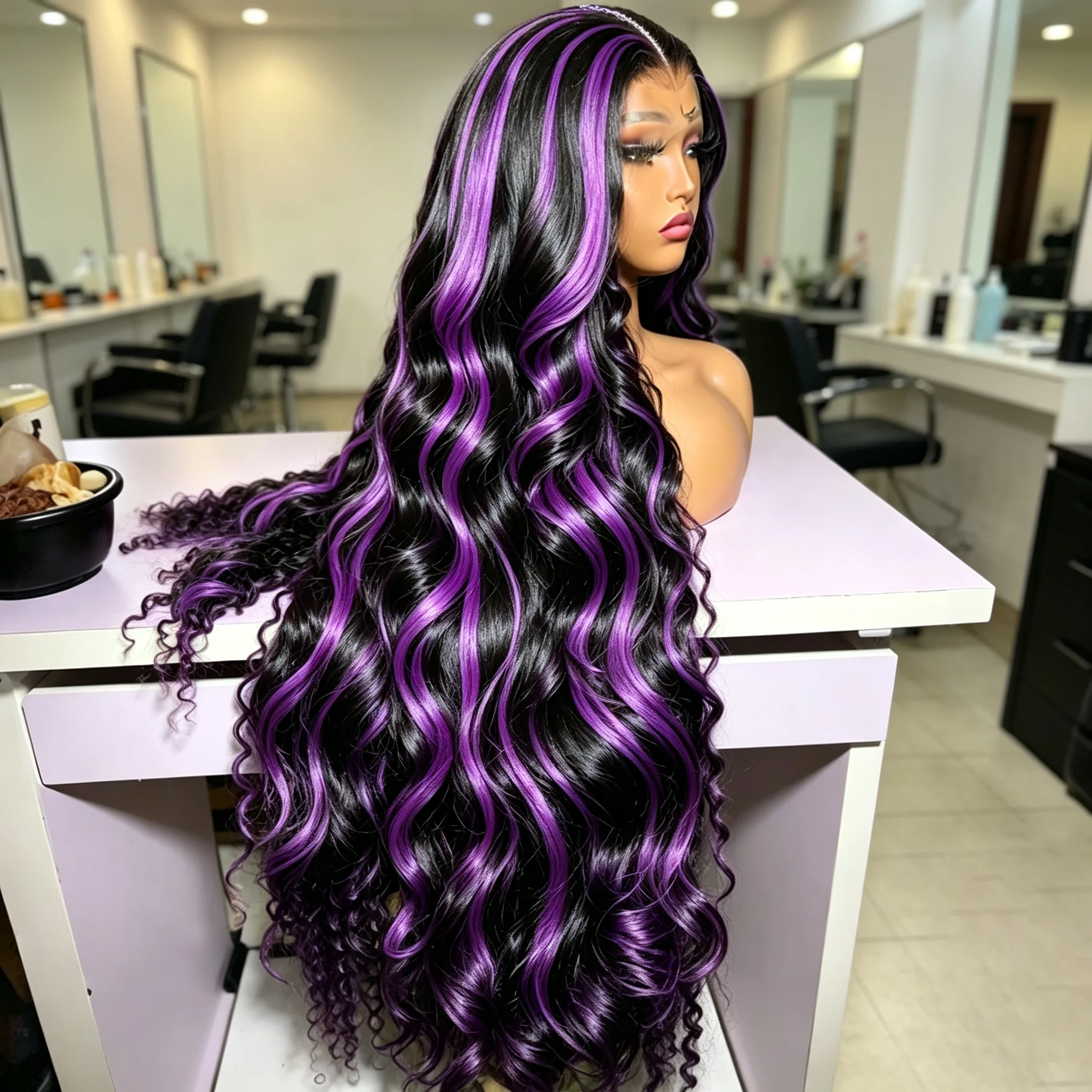 30 Inch 1B/Purple Highlight Body Wave 13x6 HD Lace Front Wig Human Hair Waves Ombre Dark Purple 13x4 Lace Frontal Wigs For Women