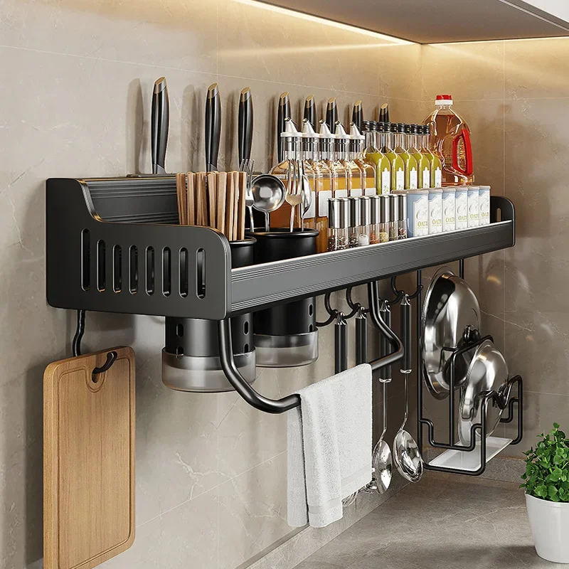 

Kitchen Shelves Wall-mounted No-punch Spice Storage Rack Multifunctional Knife Holder Spoon Hanging Rack For Spice Organizer