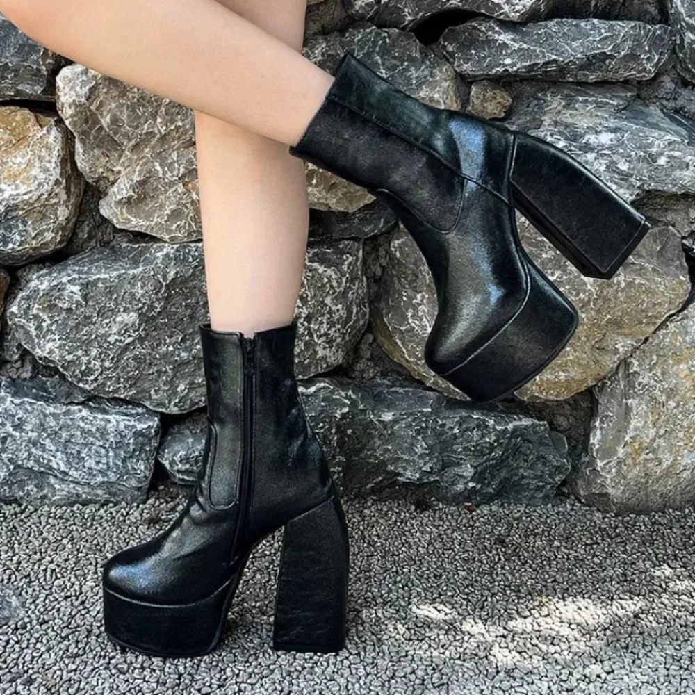 

Autumn Winter New Styles Fashion High Heels Women's Boots Solid Platform Concise Round Toe Square Heel Women Boots High 14cm