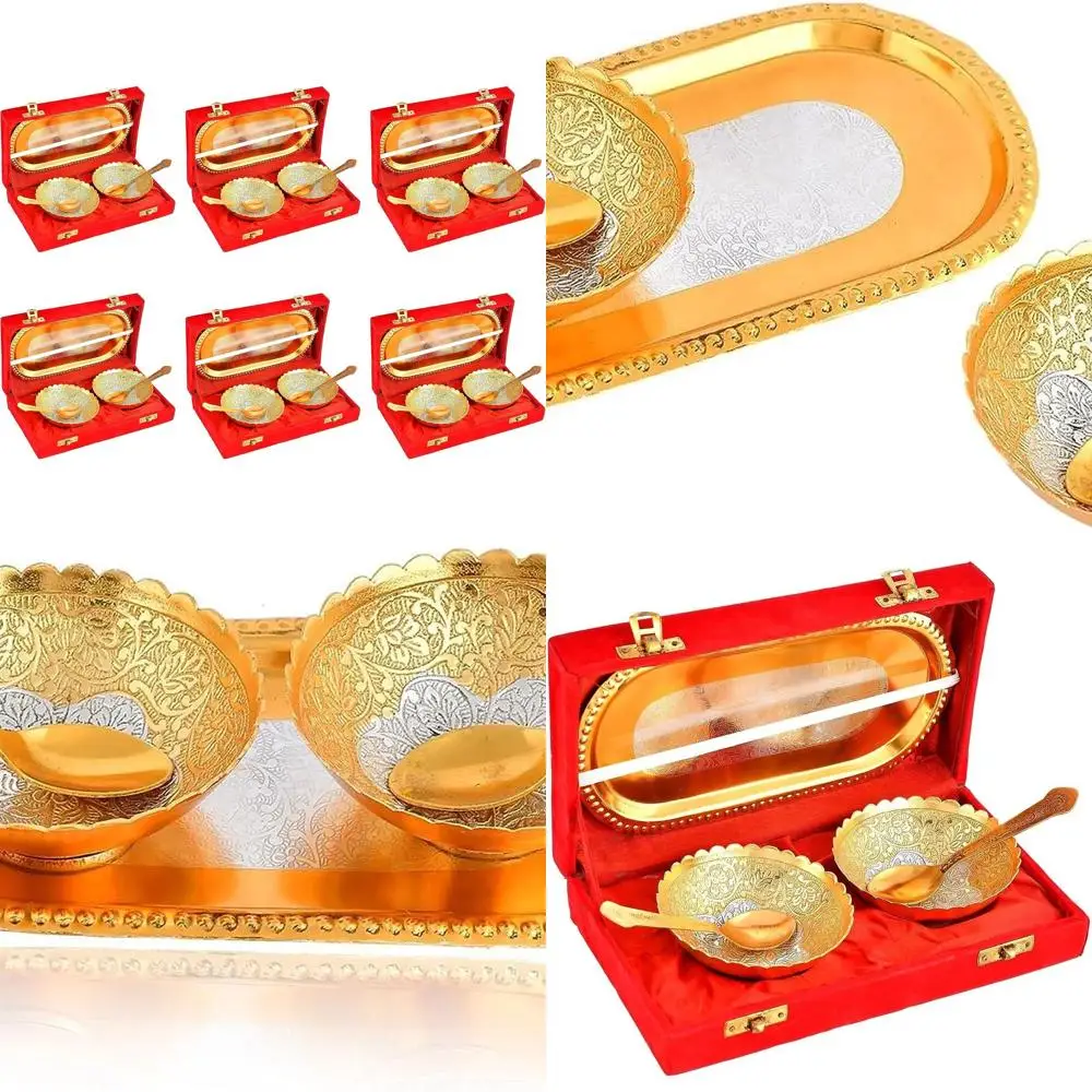 

Элегантная позолоченная чаша, набор ложек и подносов для праздничных подарков: идеально подходит для Дивали, Рождества, Ид, свадеб и Housewa