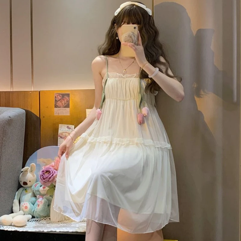 Sweet Chiffon Night Dress Women Summer Kawaii Ruffles Tulip Flowers Spaghetti Strap Nightwear Victorian Cute Princess Sleepwear