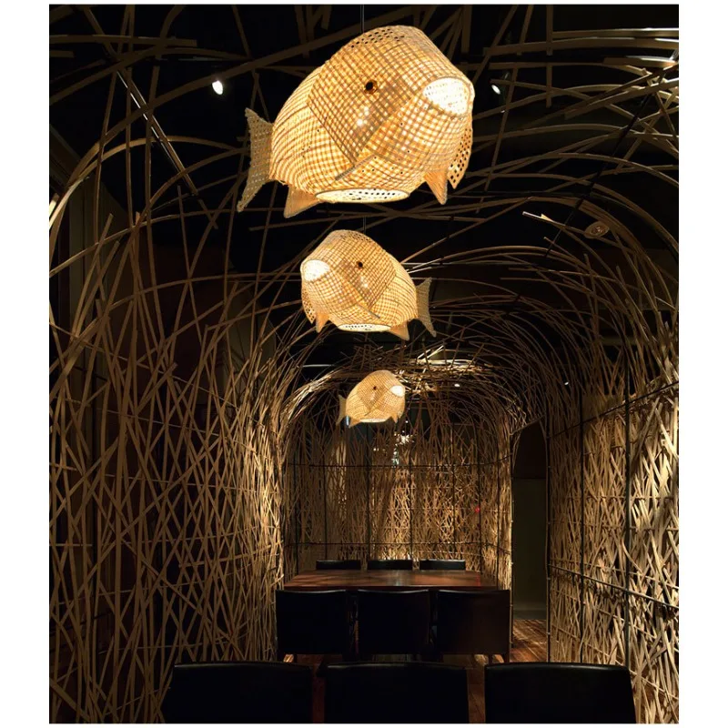 South East Asia tea room bamboo fish chandelier new Chinese hot pot restaurant theme restaurant  bamboo art agritainment lamps