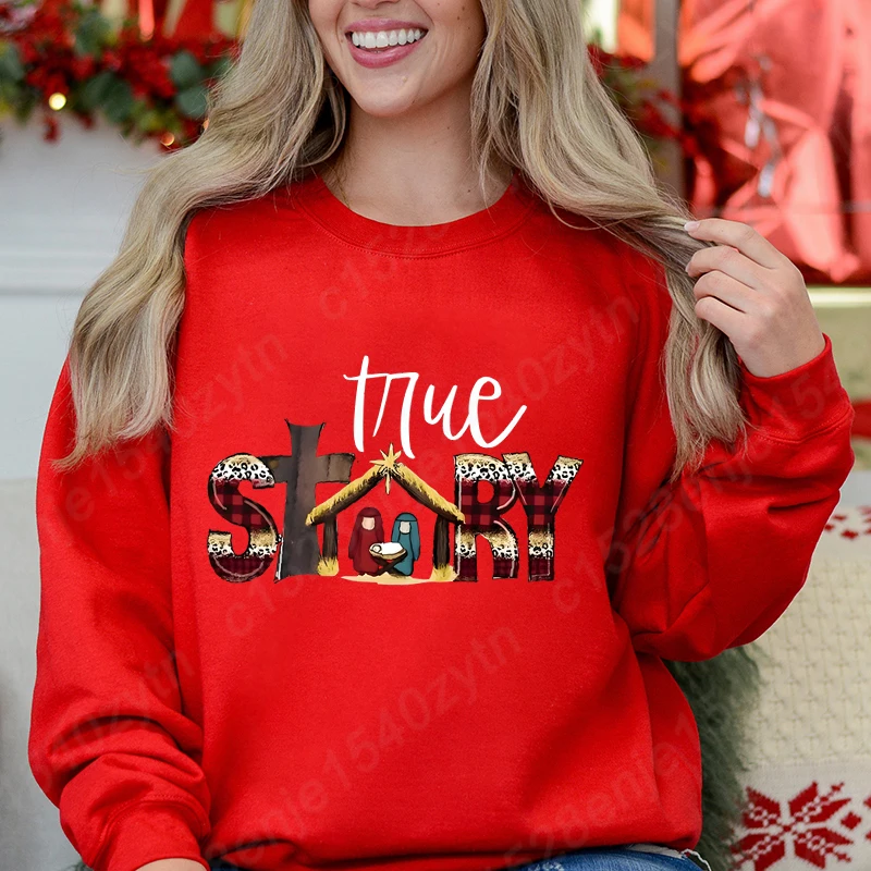 Women Popular Creative Tops True Story Christmas Print Round Neck Pullovers Ladies Hot Selling Long Sleeve Hoodeless Sweatshirts