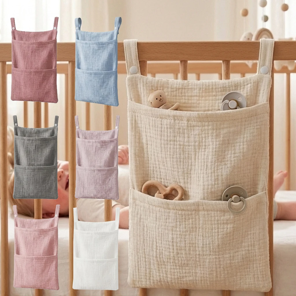 Muslin Storage Bag for Baby Bed Cotton Baby Stroller Bag Pacifier Toy Book Diaper Storage Bag Baby Crib Organizer Bag 21*47cm