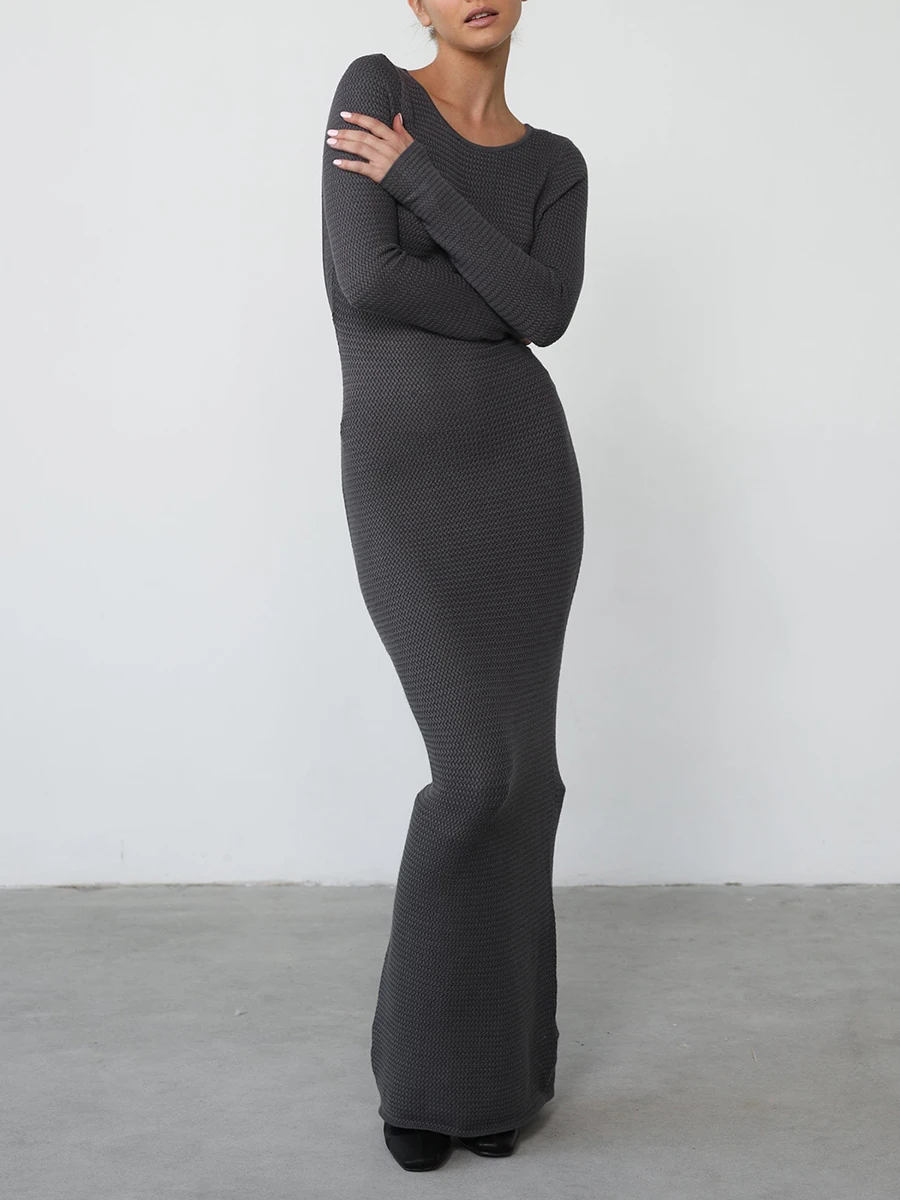 

New Fashion Womens Long Evening Dress Solid Color Long Sleeve Open Back Tie Up Party Dresses Skin-Friendly Hot Sale S M L