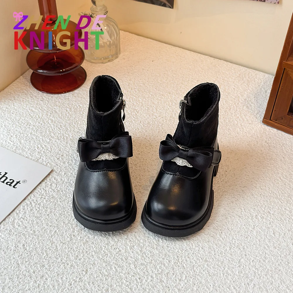 

Girls Warm Bowknot Boots 2025 A/W New Fleece-Lined Toddler Size Princess Short Boots Leather Footwear for Baby Girls