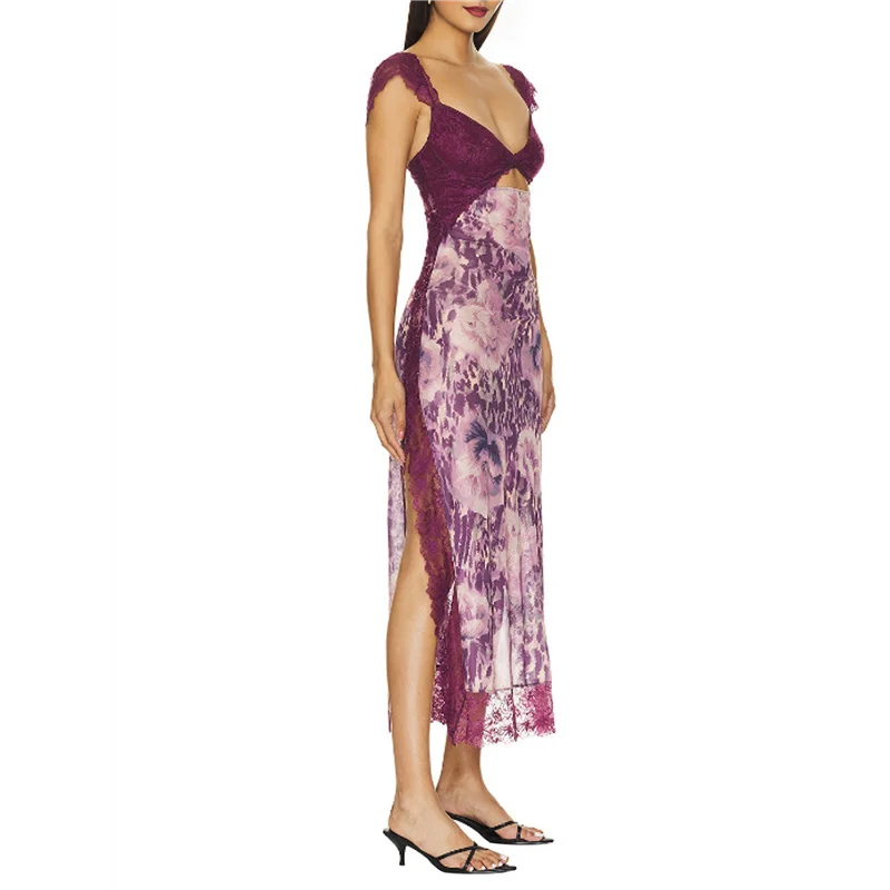A83F-Women Lace Patchwork Mesh Maxi Dress Floral Print Cutout Sweetheart Neck Backless Slit Summer Y2K Long Dresses