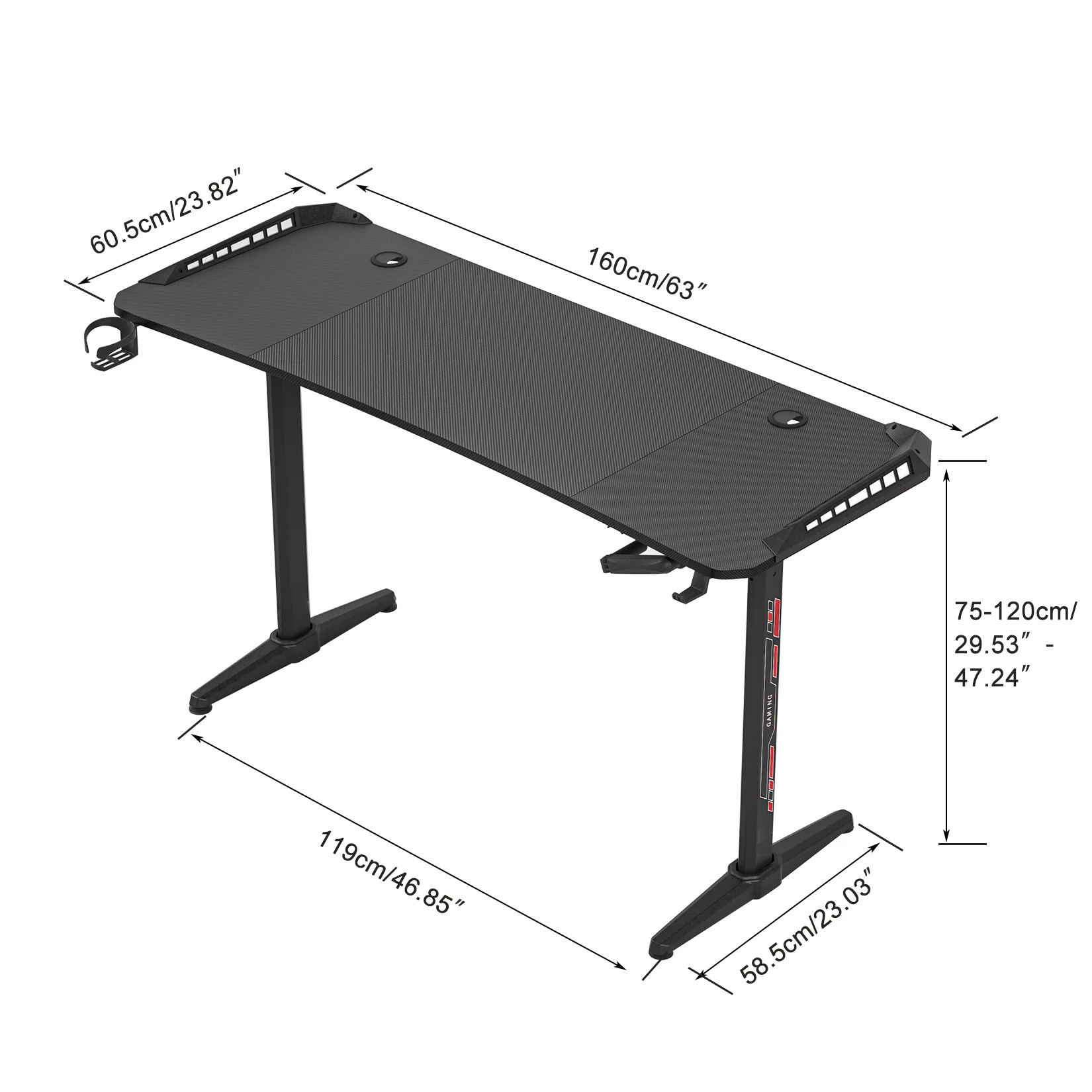 RGB Ergonomic Office Desk, Lift Table, Standing Workstation with Holder, Adjustable Height, Computer Desk, 160cm