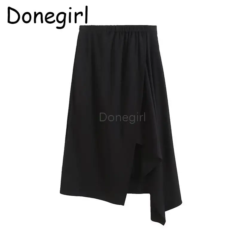 

Donegirl 2023 New Fashion Women Summer Solid Elastic Waist Split Irregular Skirt Casual Simple Versatile Midi Skirt Female Chic