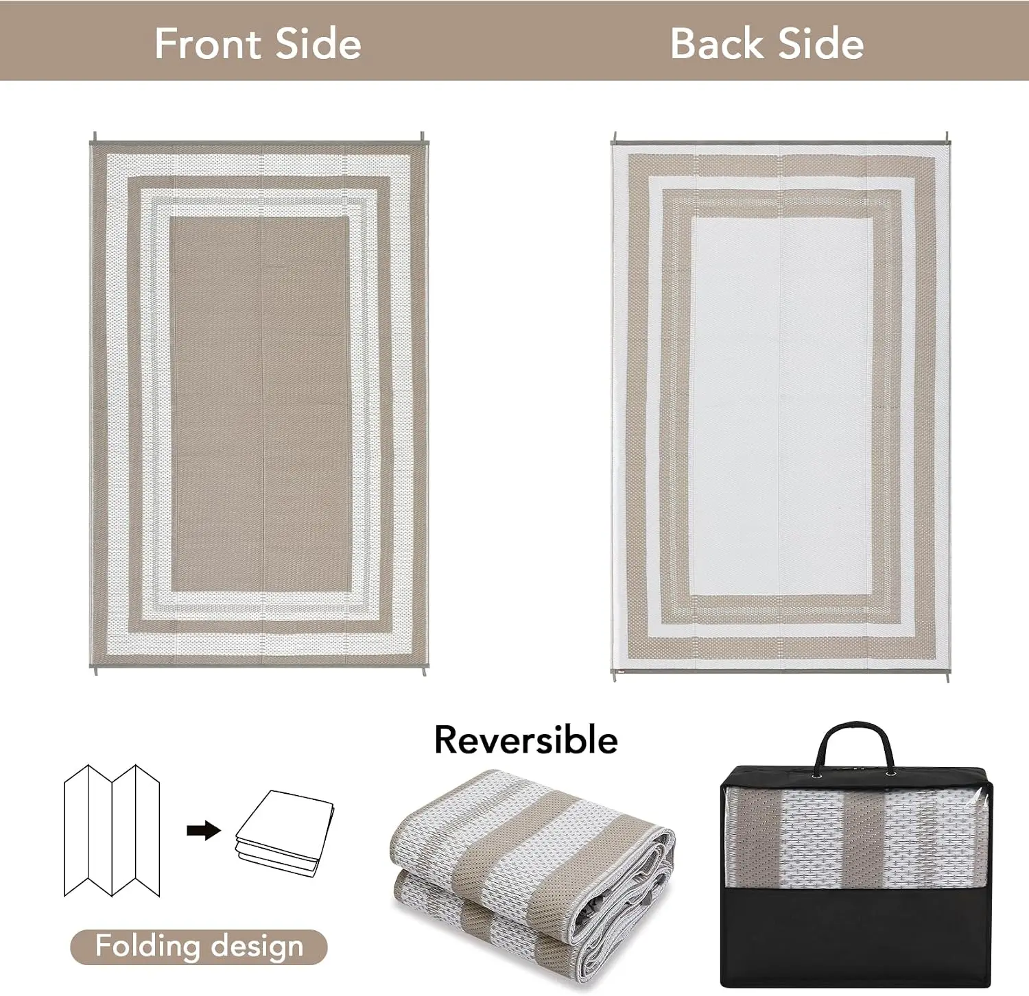 8x10 Outdoor Rug – Waterproof Plastic Straw Reversible Mat, Easy Clean Foldable Lightweight Large Area Rug, Perfect for Patio, Porch, Backyard, Camping, RV, Beach, Balcony – Gray Coffee/White