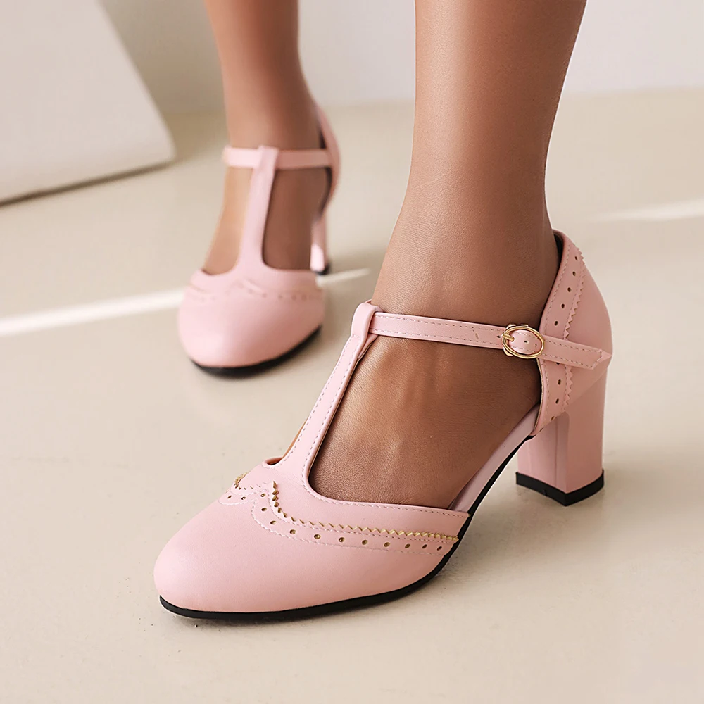 Women Shoes 2024 High Heels Spring Mary Jane Low Heel Shoes Ladies Buckle Round Head Shoes Pink Blue Black Large Size 34-43