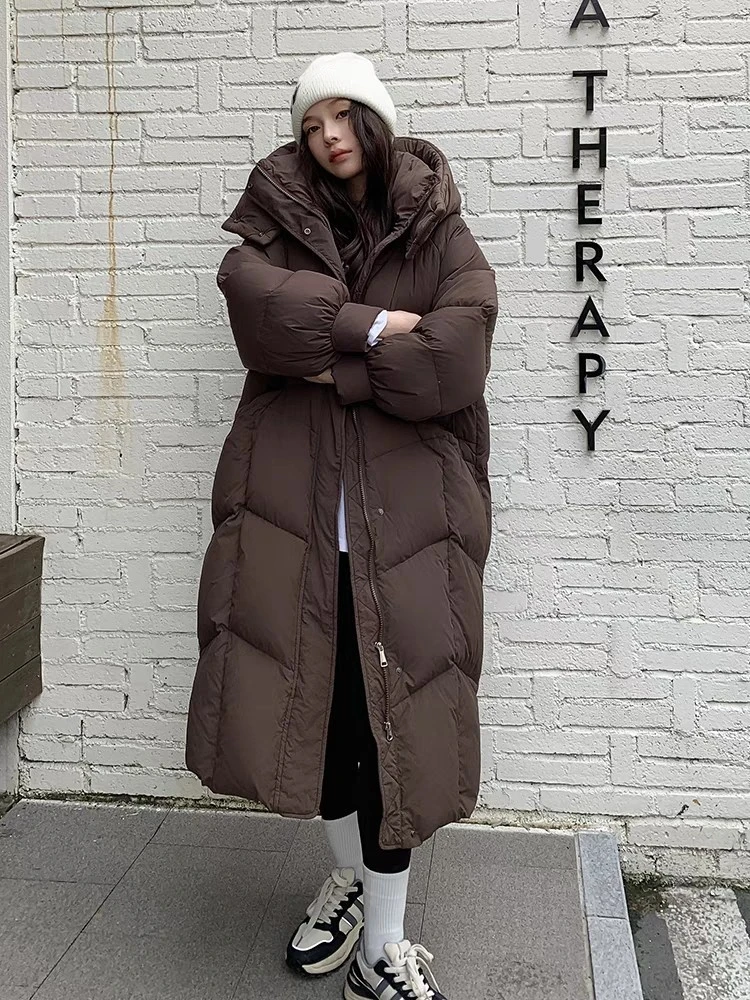 

2024 New Winter Coat Women White Duck Down Long Coats Down Loose Thick Hooded Parker Overcoat Fashion Casual Windproof Outerwear