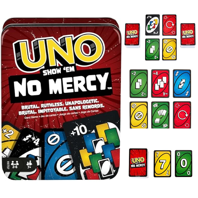 

Mattel Games UNO No Mercy Flip Cards Family Night Party Card Game Travel Camping and Party Board Game Holiday Gift Tin Box