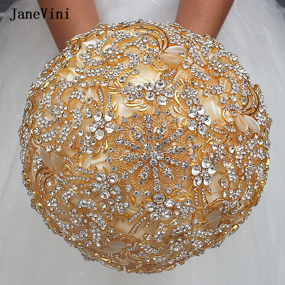 

JaneVini Luxury Full Diamond European Bridal Bouquets Ivory Satin Roses Bling Crystal Gold Jewelry Bride Wedding Bouquet Flower