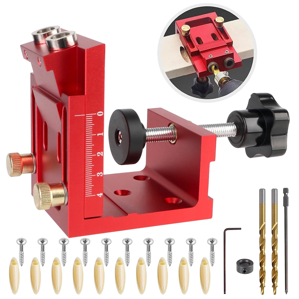 

Two Hole Wood Jig System Kit Wooden Plugs and Screws Pocket Hole Jig 15° Inclined Holes with Drill Guide