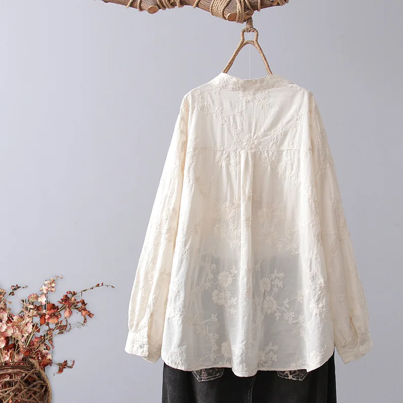 Beige butterfly embroidery shirts blouses for women cotton autumn clothes ladies autumn clothes for women tops