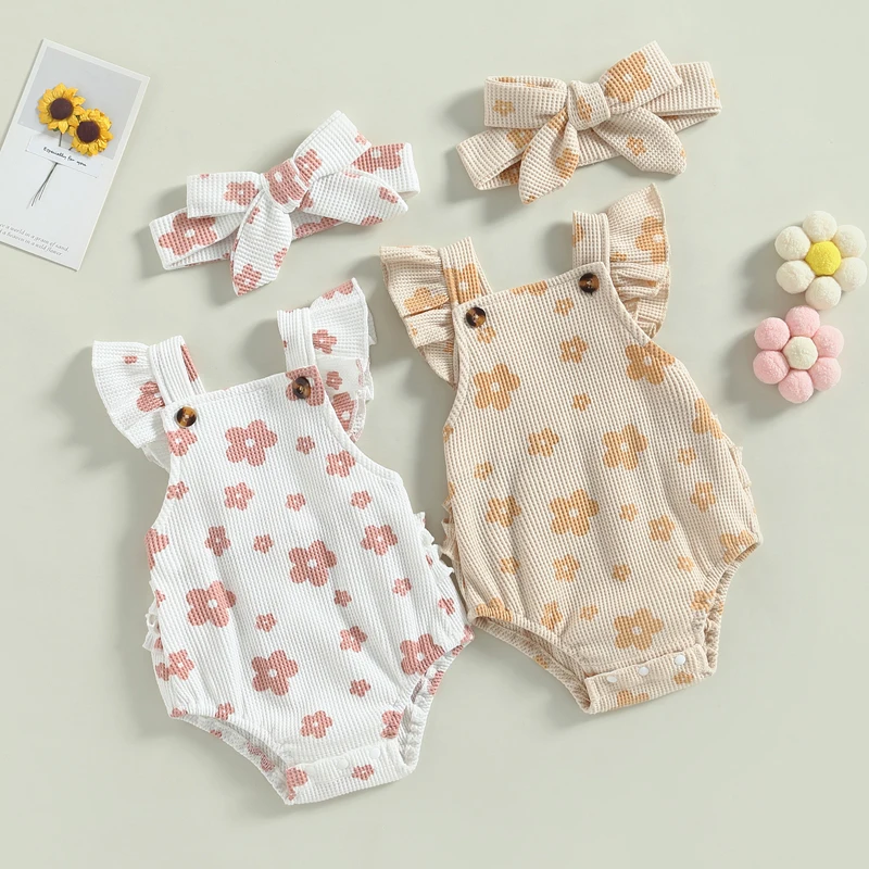 

Baby Girl Suspender Jumpsuit Set Casual Floral Print Ruffled Flying Sleeve Rompers and Headband