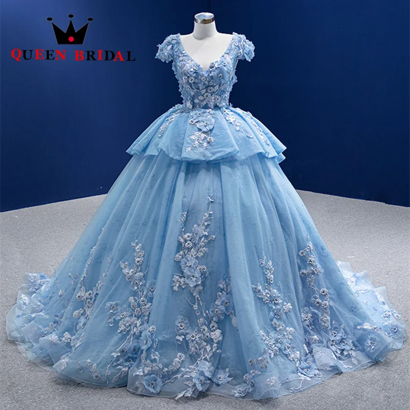 Blue Appliques Flowers Pleat Evening Dress 2023 New V Neck Lace Up Formal Elegant Ball Gowns Robes De Soirée Custom ZX43