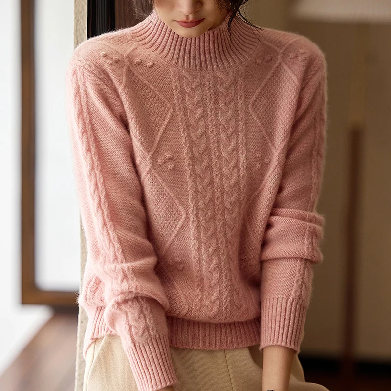 Women 100% Merino Wool Gentle Mock Neck Sweater Solid Color Pullover Soft Cashmere Fashion Basic Casual Versatile Clothing Top