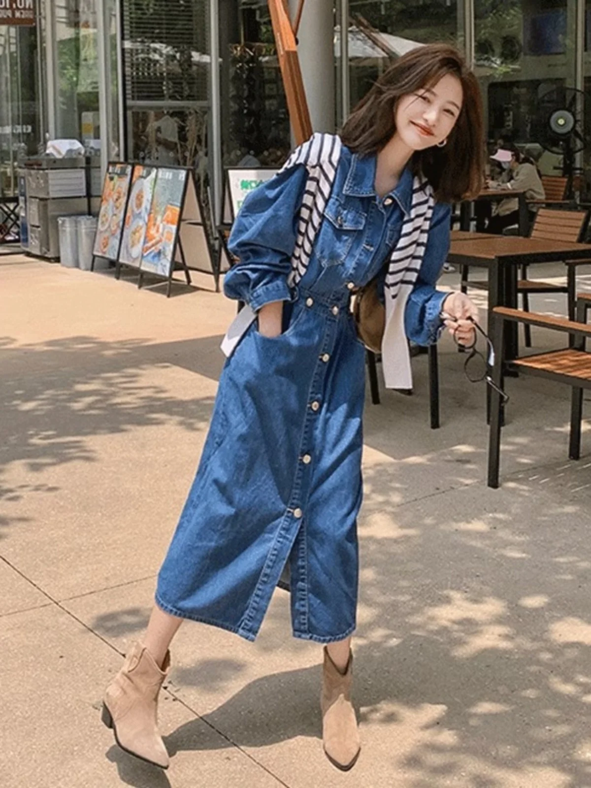 فستان قميص دينم بأكمام طويلة بتصميم عصري راقي للخريف للسيدات، تنورة على شكل حرف a على الطراز الكوري