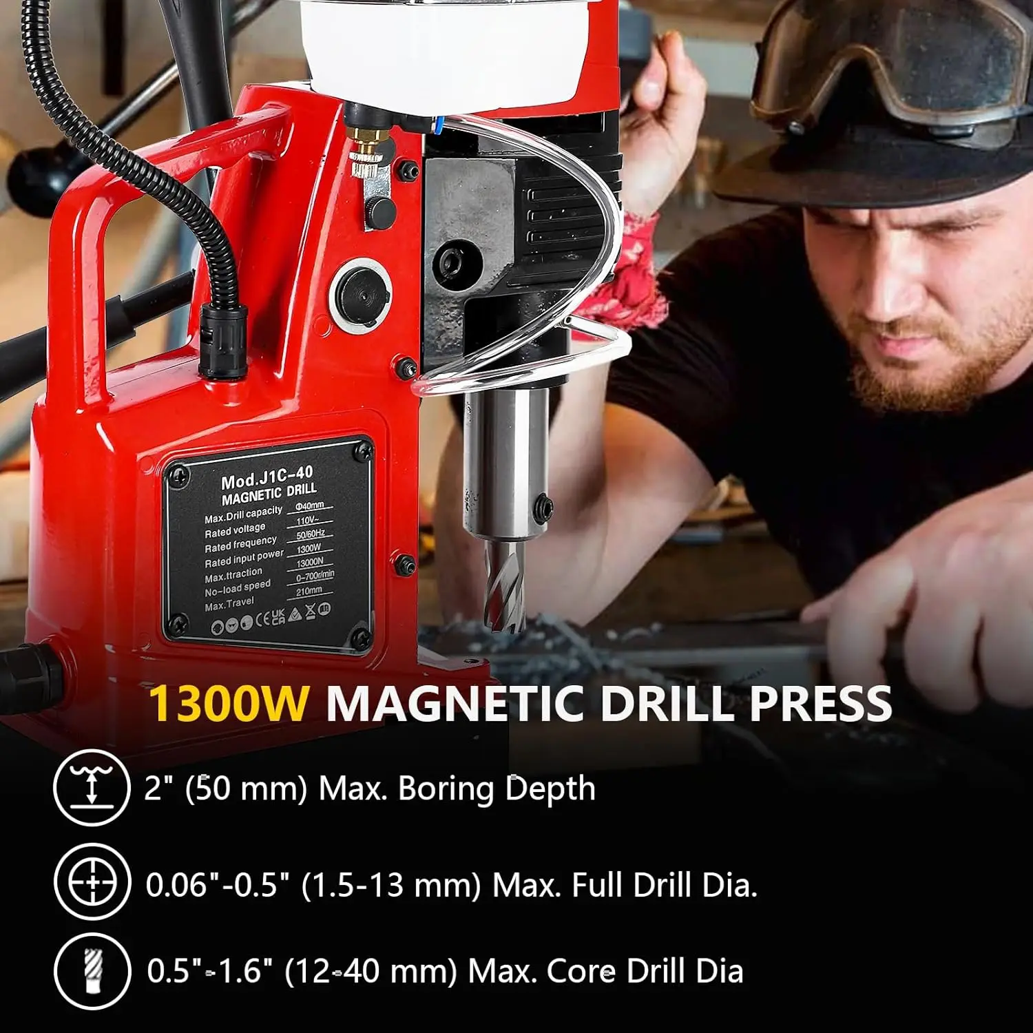 Magnetic Drill Press 110V Double Track, 1300W, 700RPM, 1.57Inch Boring Diameter, Portable and Convenient, Includes 2 Drill Bits